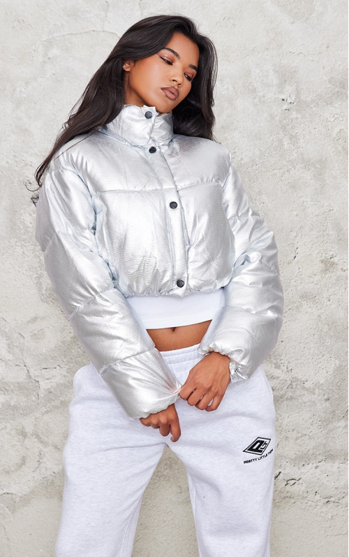 Укорочена куртка-пуховик сріблястого кольору металік Укорочена куртка-пуховик сріблястого кольору металік