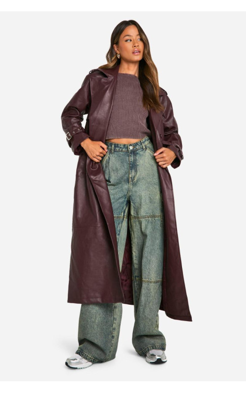 Високий подвійний тренч зі штучної шкіри