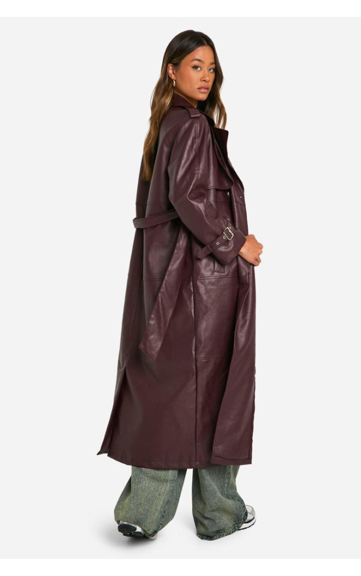 Високий подвійний тренч зі штучної шкіри