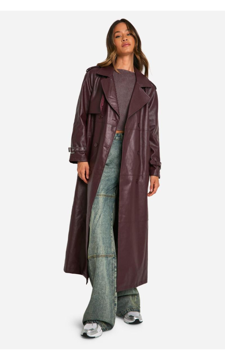 Високий подвійний тренч зі штучної шкіри