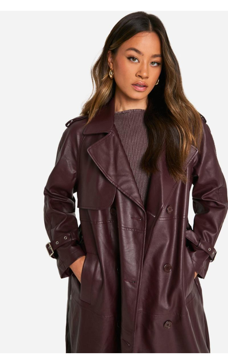 Високий подвійний тренч зі штучної шкіри