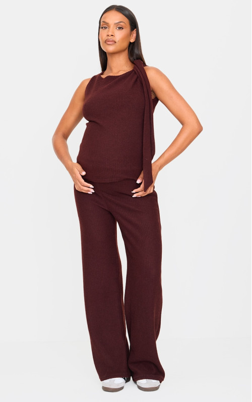 Шоколадні широкі брюки в рубчик для вагітних