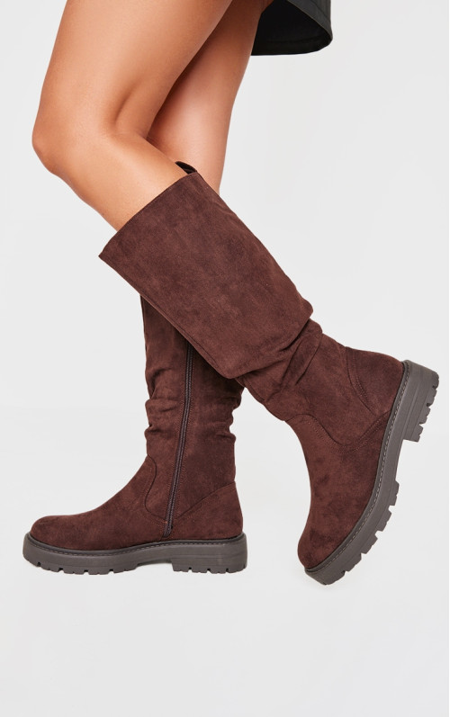 Високі чоботи з круглим носком із штучної замші та блискавкою, пряжкою