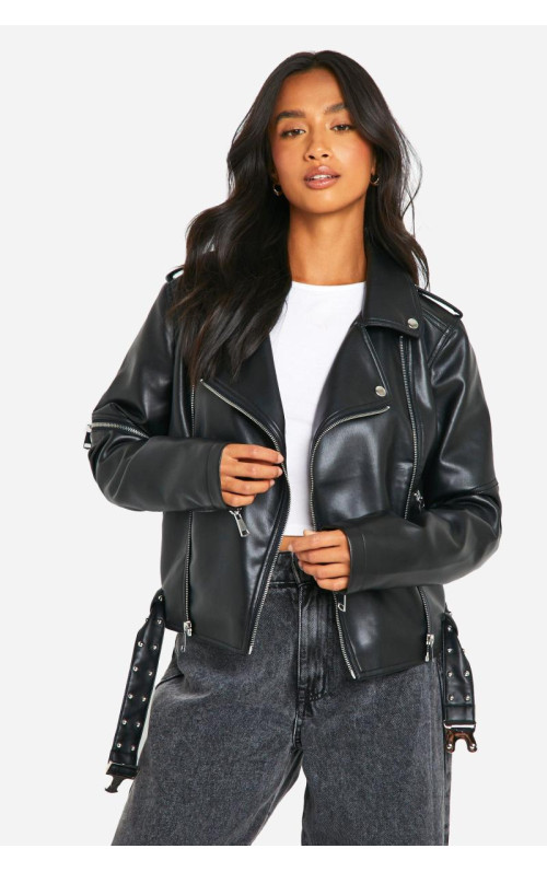 Маленька байкерська куртка зі штучної шкіри з поясом