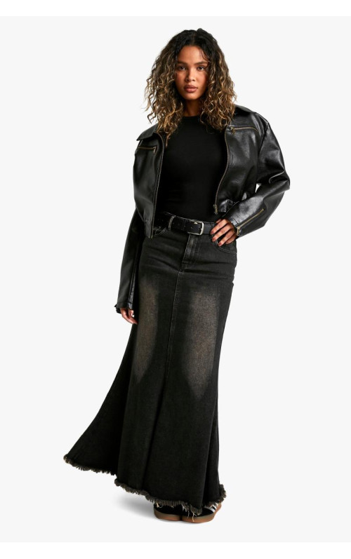 Джинсова максі-спідниця з необробленим подолом «риб’ячий хвіст».