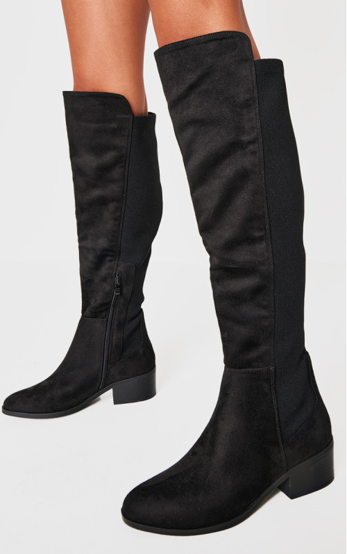 Високі чоботи з чорної штучної замші з круглим носом і блоковим каблуком