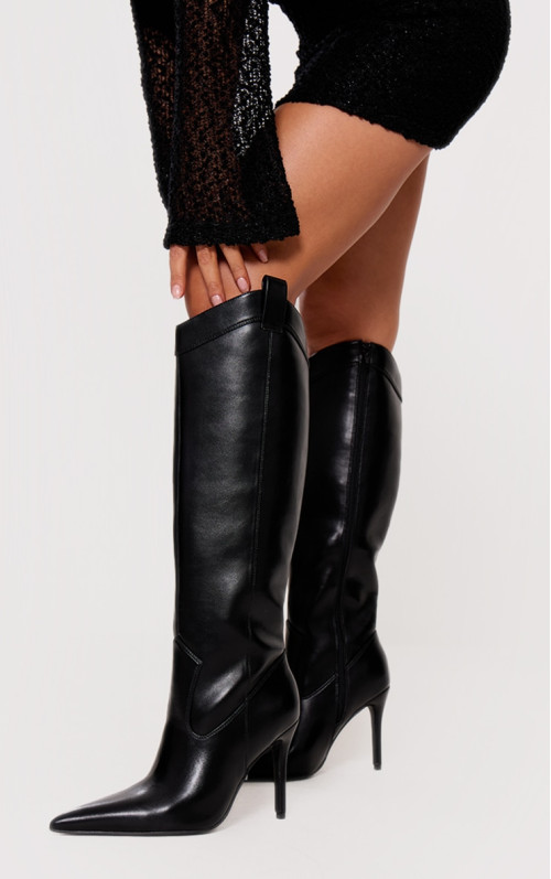 Чорні поліуретанові черевики на шпильці до коліна
