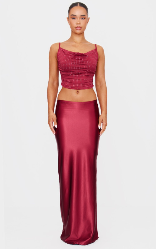 Бордова спідниця максі з еластичного атласу з розділеними боками Бордова спідниця максі з еластичного атласу з розділеними боками