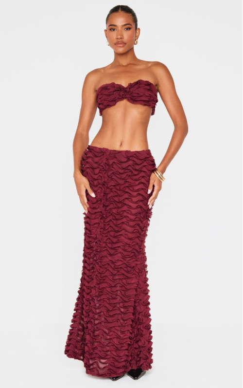 Бордова шифонова спідниця максі з низькою посадкою і рюшами