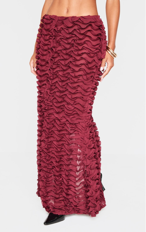 Бордова шифонова спідниця максі з низькою посадкою і рюшами