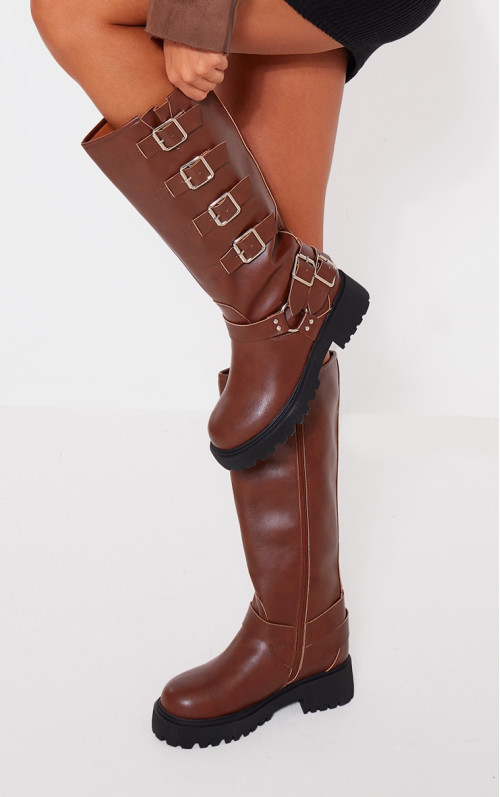 Коричневі високі чоботи з поліуретану з круглим носком і декількома пряжками