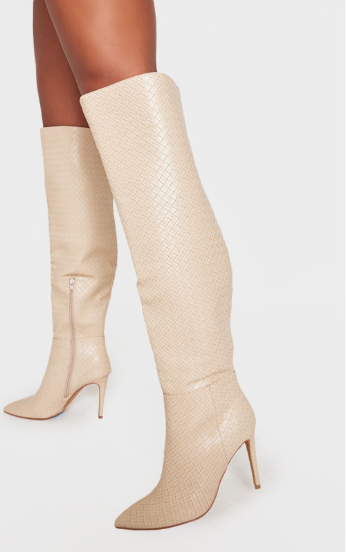 Кремові чоботи на підборах із широким волокном із загостреним носком вище коліна