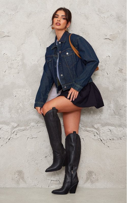 Чорні чорні чоботи в західному стилі з високим блочним каблуком із гострими носками з ПУ