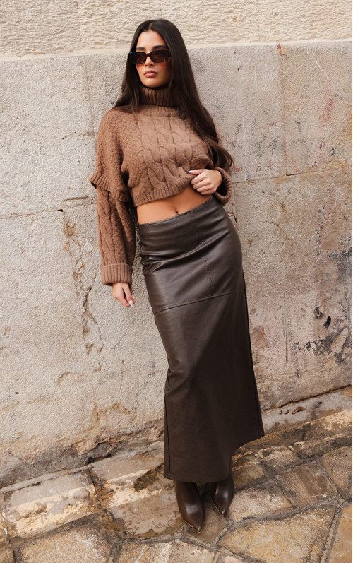 Спідниця максі зі штучної шкіри кольору шоколаду