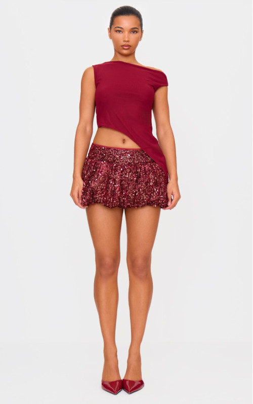 Бордова оксамитова міні-спідниця-пуфбол зі змішаними паєтками Бордова оксамитова міні-спідниця-пуфбол зі змішаними паєтками