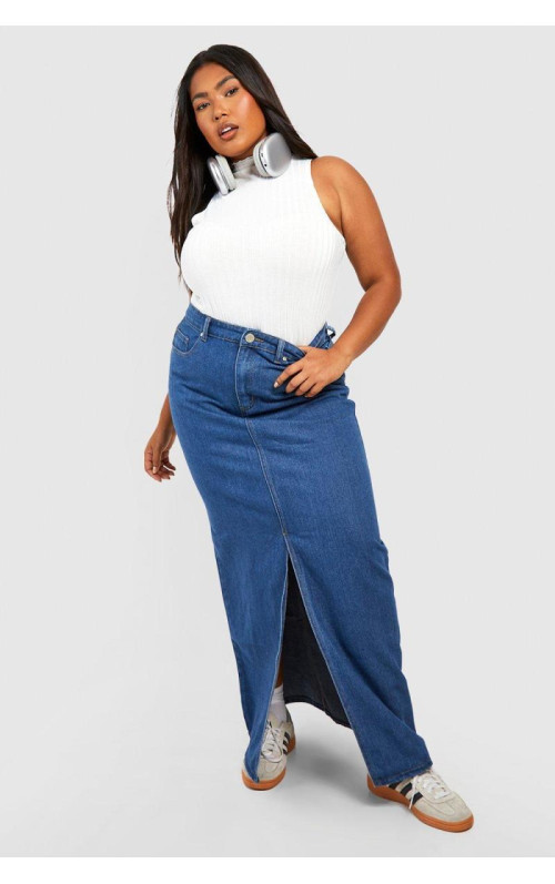 Джинсова максі-спідниця з розрізами спереду