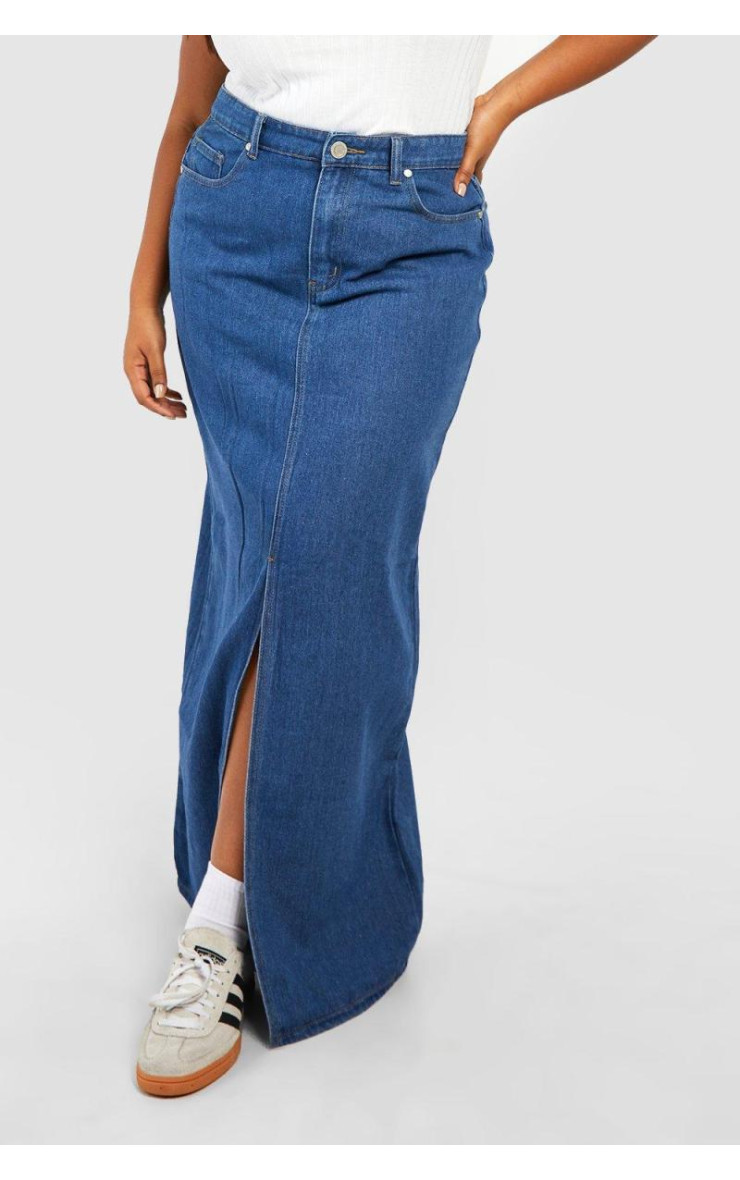 Джинсова максі-спідниця з розрізами спереду