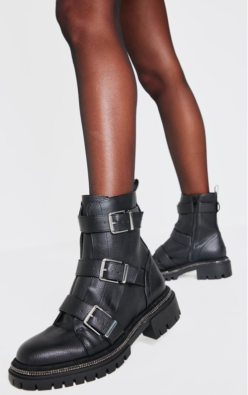 Чорні пухкі ботильйони з поліуретановою обробкою з круглим носком і пряжкою з діамантом