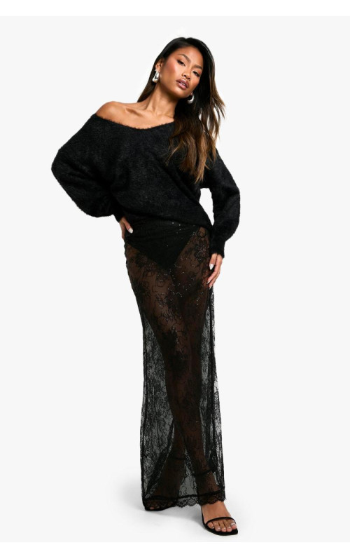 Мереживна спідниця максі з паєтками