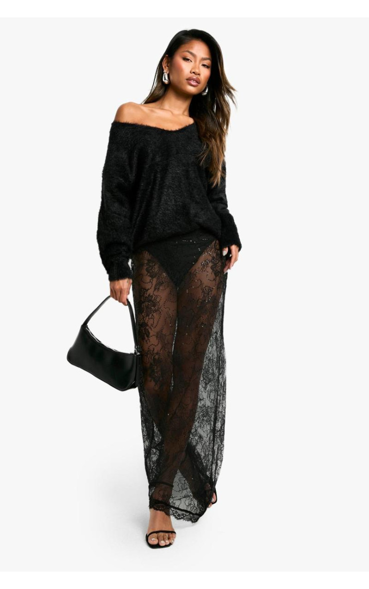 Мереживна спідниця максі з паєтками