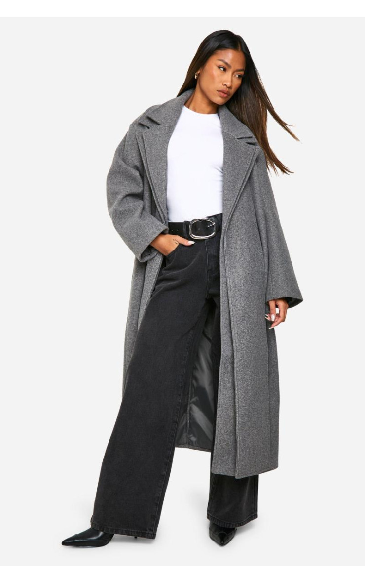Двобортне вовняне максі-пальто з деталлю коміра