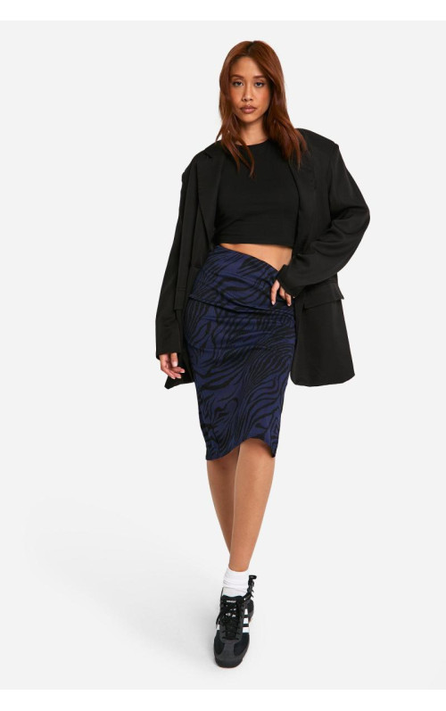 Спідниця міді з принтом зебри в рубчик з розрізами збоку