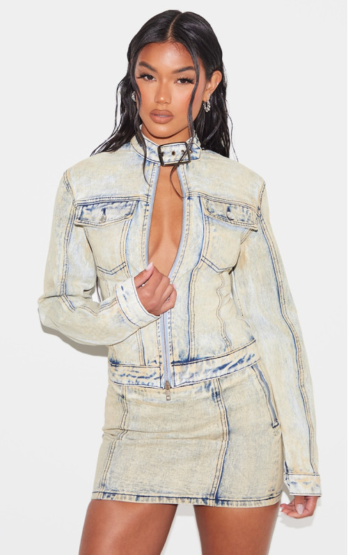 Світло-блакитна джинсова куртка Racer з пряжкою і пряжкою Світло-блакитна джинсова куртка Racer з пряжкою і пряжкою