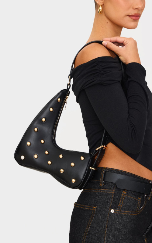 Чорна абстрактна сумка через плече з поліуретановим золотом із шипами Чорна абстрактна сумка через плече з поліуретановим золотом із шипами