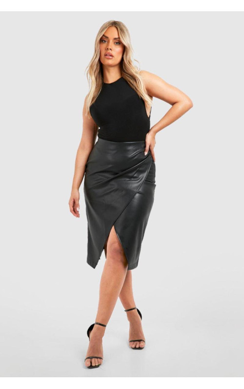 Плюс шкіряна спідниця міді з рюшами та запахом