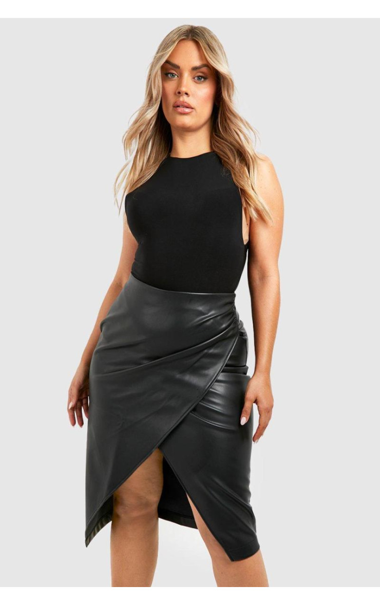 Плюс шкіряна спідниця міді з рюшами та запахом