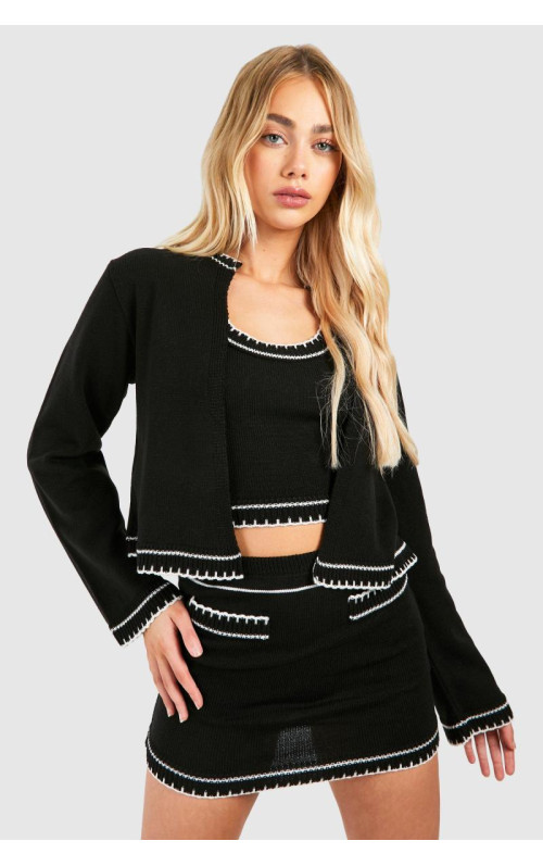 Контрастні шветки 3 -х частинних в'язаних кардиганів, набору спідниць урожаю та міні -спідниці