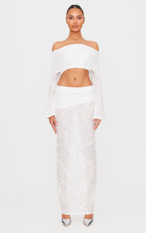 Біла спідниця-максі з текстурованою блискітками