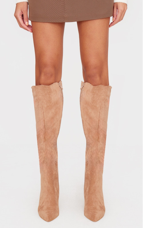 Високі чоботи на шпильці з рюшами та штучною замшею