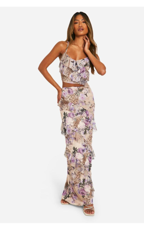 Леопардова сітчаста максі-спідниця з рюшами