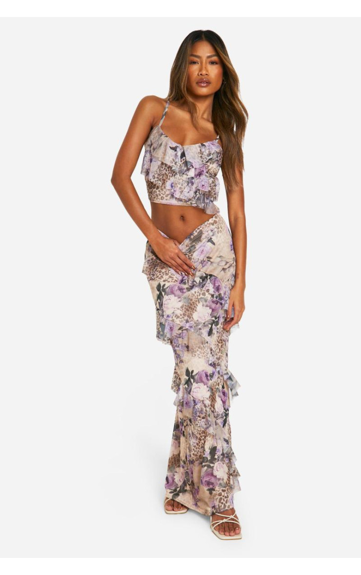 Леопардова сітчаста максі-спідниця з рюшами