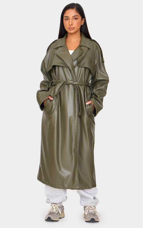 Тренч кольору хакі зі штучної шкіри з поясом Petite Тренч кольору хакі зі штучної шкіри з поясом Petite