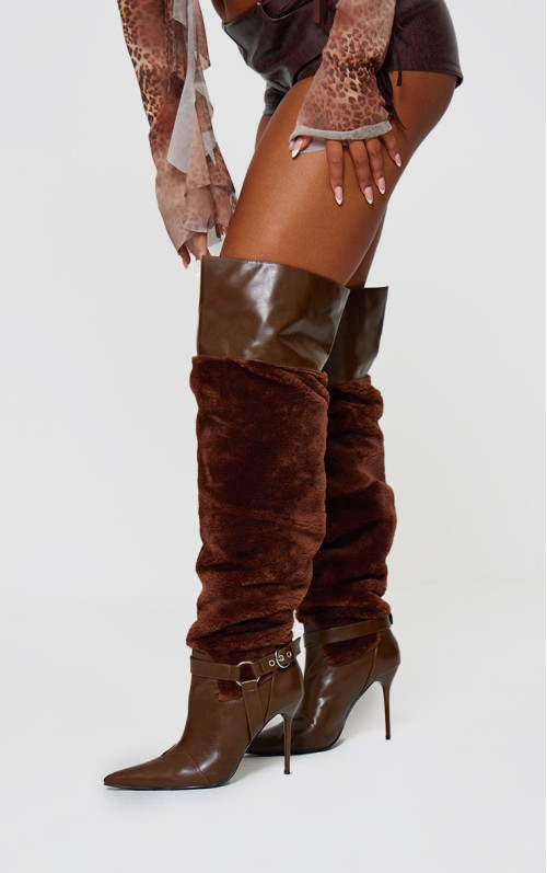 Коричневі чоботи на підборах зі штучного хутра із штучного ПУ вище коліна