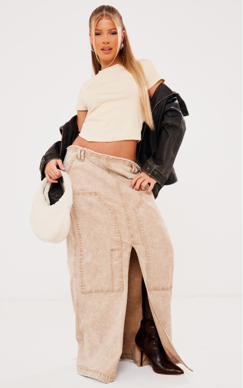 Довга спідниця з необробленого подолу з саржевого волокна з каменем і кислотою