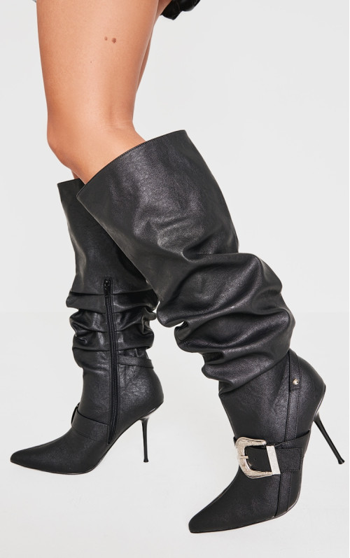Чорні чоботи на високих шпильках із пряжкою та пряжкою
