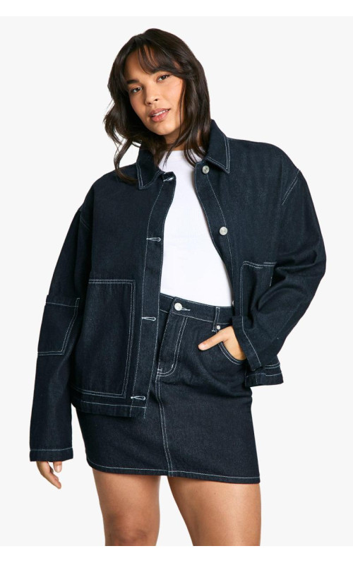 плюс індіго контрастна шов -джинсова міні -спідниця