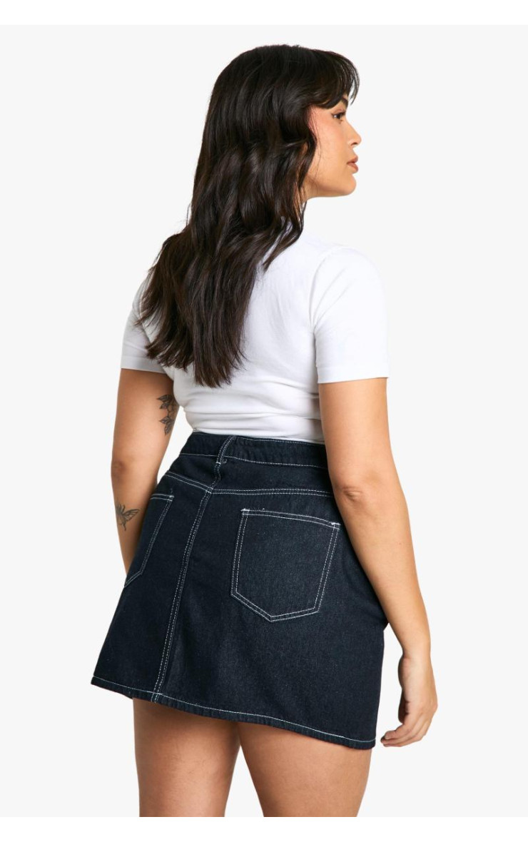 плюс індіго контрастна шов -джинсова міні -спідниця