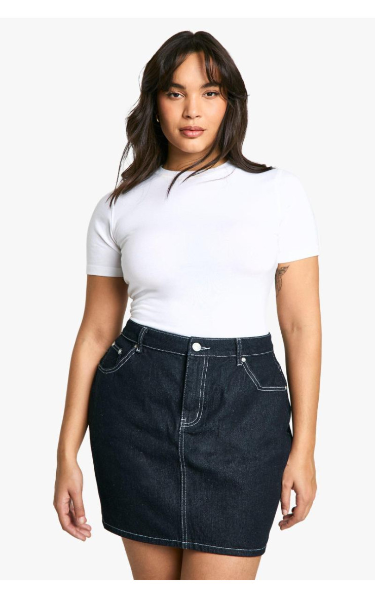плюс індіго контрастна шов -джинсова міні -спідниця