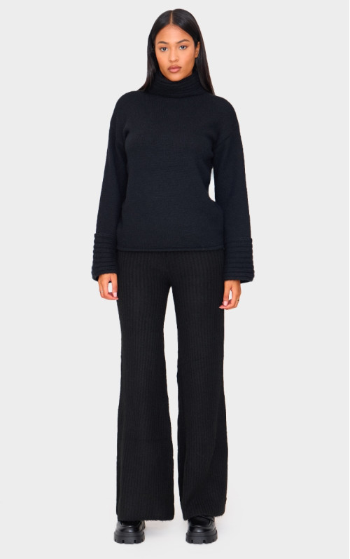 Високі чорні широкі трикотажні брюки в рубчик Високі чорні широкі трикотажні брюки в рубчик