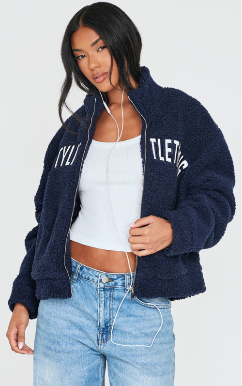 Темно-синя флісова куртка на блискавці PRETTYLITTLETHING Темно-синя флісова куртка на блискавці PRETTYLITTLETHING