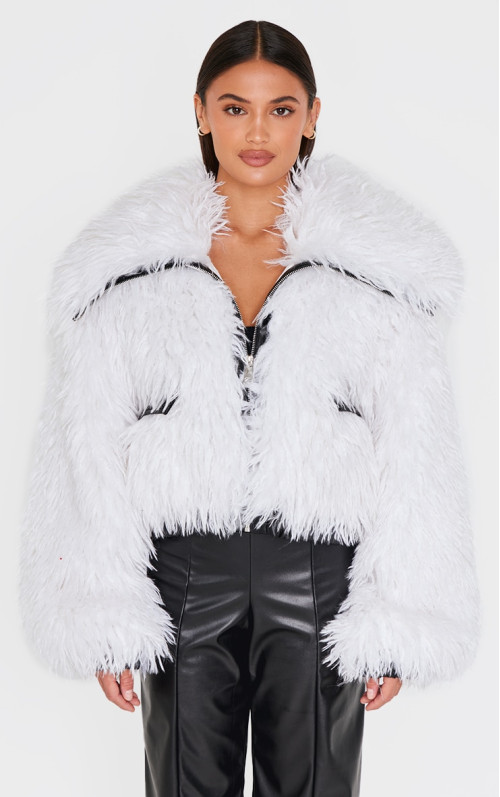 Кремова куртка на блискавці з кучерявим штучним хутром і контрастною обробкою з поліуретану Кремова куртка на блискавці з кучерявим штучним хутром і контрастною обробкою з поліуретану